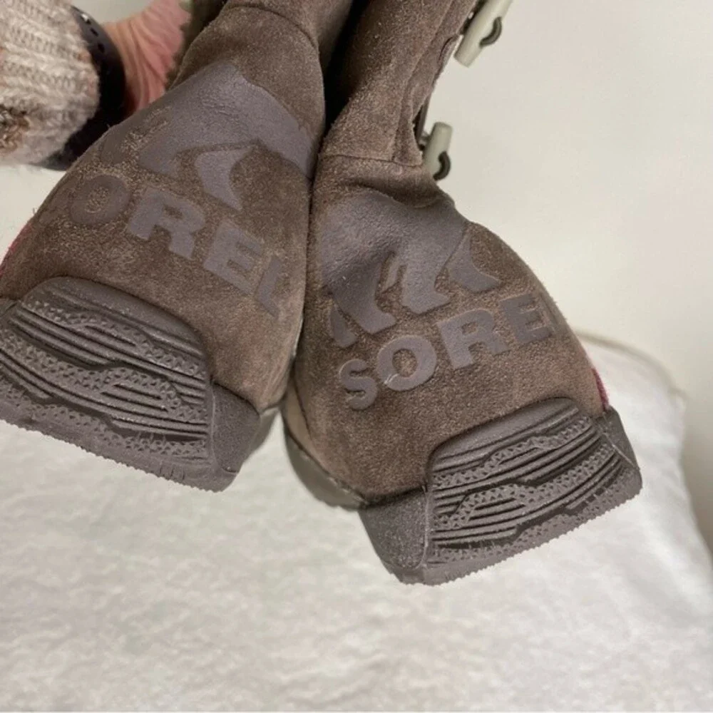 Sorel Boots Suka Suede Pink Plaid Fleece Lined Tall Snow Winter Brown Size 7